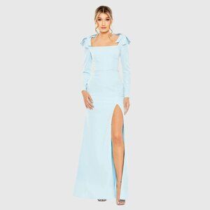 NWT Mac Duggal Empire Waist Long Sleeve Bow Shoulder Gown Powder Blue 14 #8288